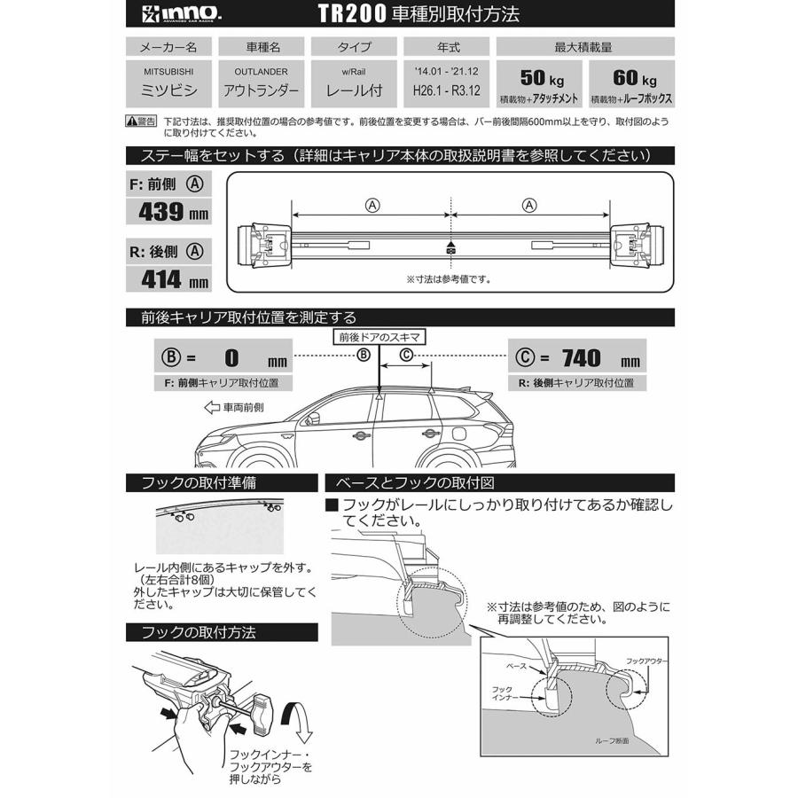 ベーシックキャリア 取付フック イノー TR200 取付フック 三菱 アウトランダー トライトン フラッシュレール付 W/FR GN0W R3.12〜 carmate (P07)の画像