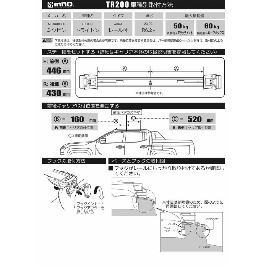 ベーシックキャリア 取付フック イノー TR200 取付フック 三菱 アウトランダー トライトン フラッシュレール付 W/FR GN0W R3.12〜 carmate (P07)の画像