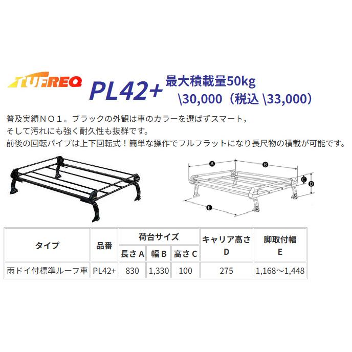 ボンゴ SK82 SK22 SLP2L ルーフキャリア TUFREQ タフレック 精興工業 PL42+ スタンダードモデル 4本足 雨ドイ付き車 標準ルーフ用 送料無料 条件有の画像