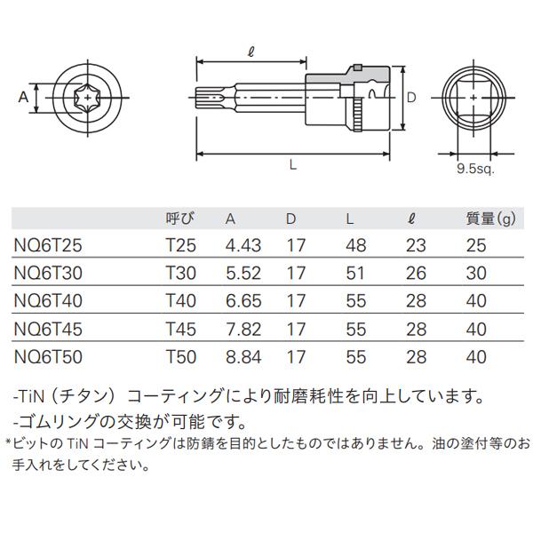 KTC ネプロス 9.5sq.T型トルクスビットソケット T50 NQ6T50｜carpartstsc｜02