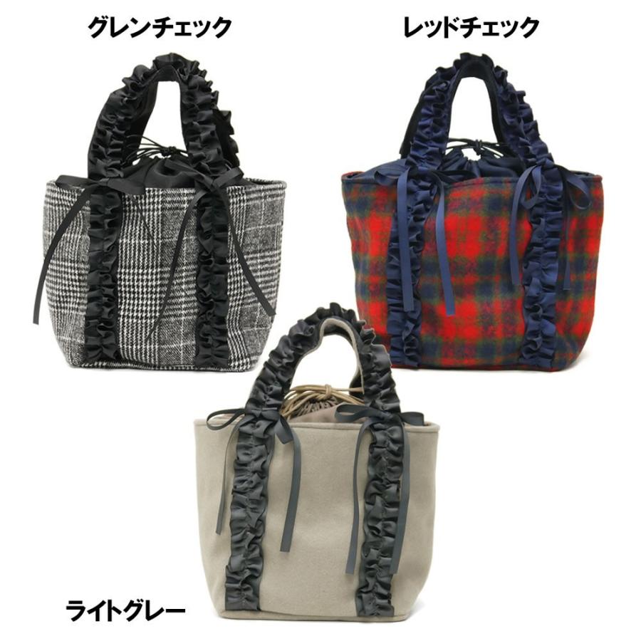 【Lサイズ】グレンチェックのトートバッグ　ブラックグレー×フェイクレザーブラック ミニバッグ ミニトートバッグ レディース レディス フリル