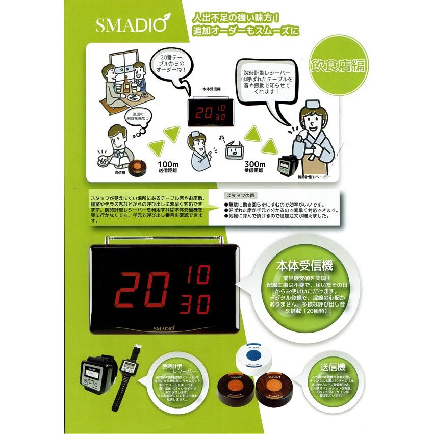 翻译此页 業務用ワイヤレスコールシステム (コードレスチャイム) マイコール SMADIO 送信機10個+腕時計型レシーバー2個セット　SMADIO1210