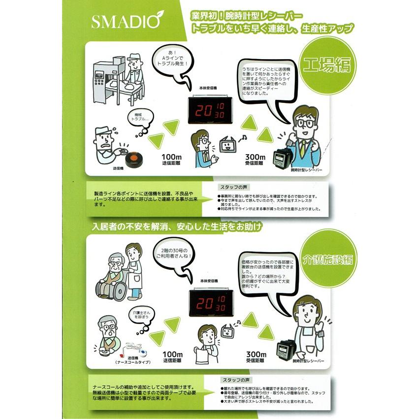 翻译此页 業務用ワイヤレスコールシステム (コードレスチャイム) マイコール SMADIO 送信機10個+腕時計型レシーバー2個セット　SMADIO1210