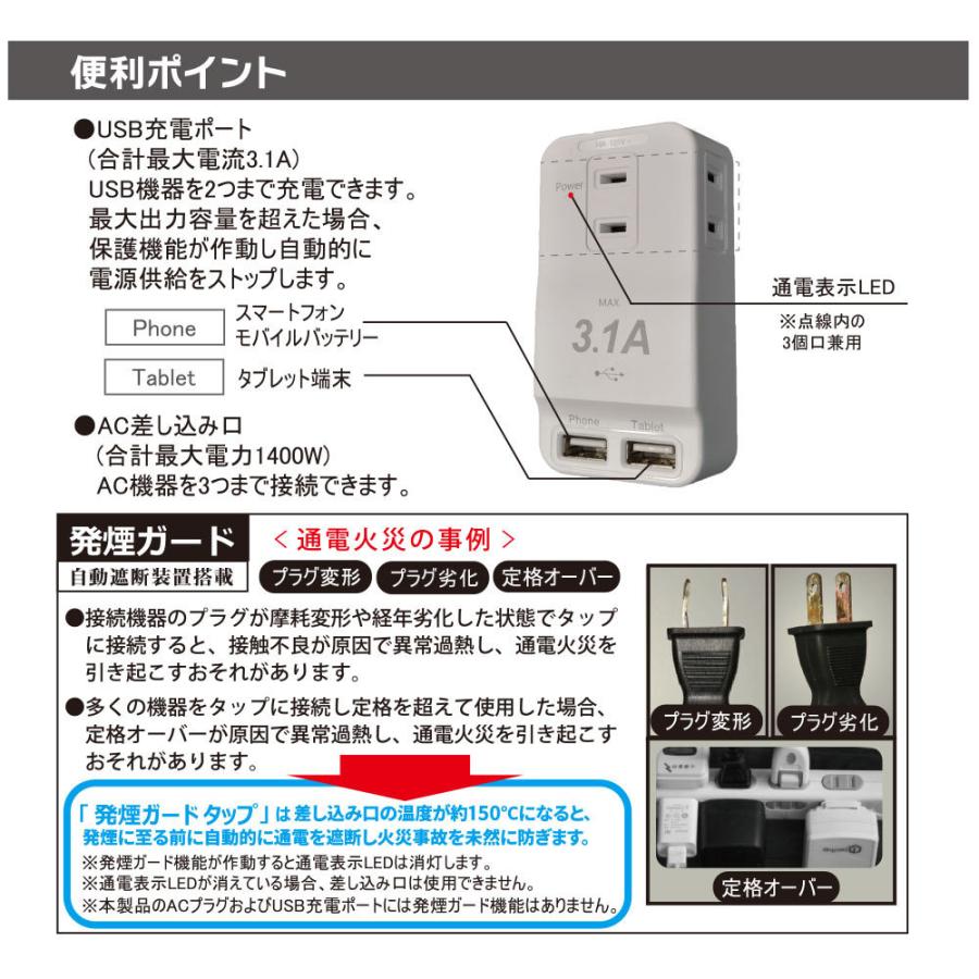 オーム電機 電源タップ 発煙ガードタップ 3個口 USBポート×2 白 HS-TM3U3HT3-W 00-1230 :00-1230:キャロットクラブ  - 通販 - Yahoo!ショッピング