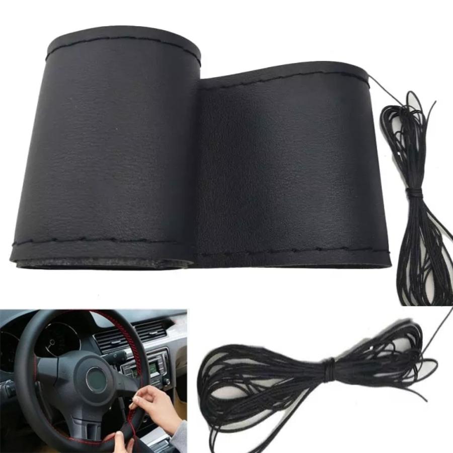 【送料無料】【色選択】 革 皮 レザー 　PUレザー ステアリングカバー ハンドルカバー編み込みタイプ ブラック |  | 02