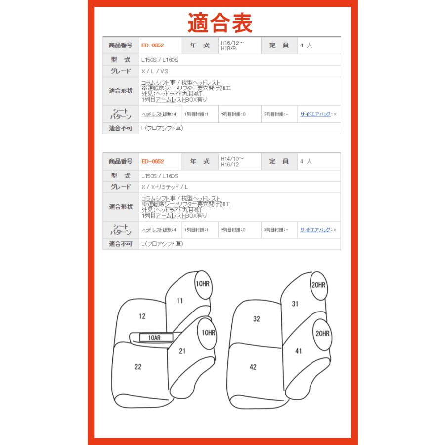 ムーヴカスタム/H14.10〜H18.9/L150S,L160S/X,L,VS/コラムシフト車/ダイハツ/clazzioネオシートカバー/ED-0652｜carus-ap｜02