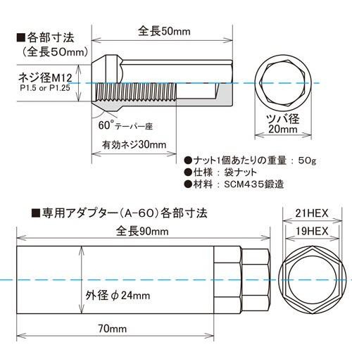 ヘプタゴンナット極限 全長50mm/24個set/ランクルプラド/70系,90系,120系,150系/トヨタ/M12×P1.5/ブラック黒 HPF1B5+Z711250｜carus-ap｜04