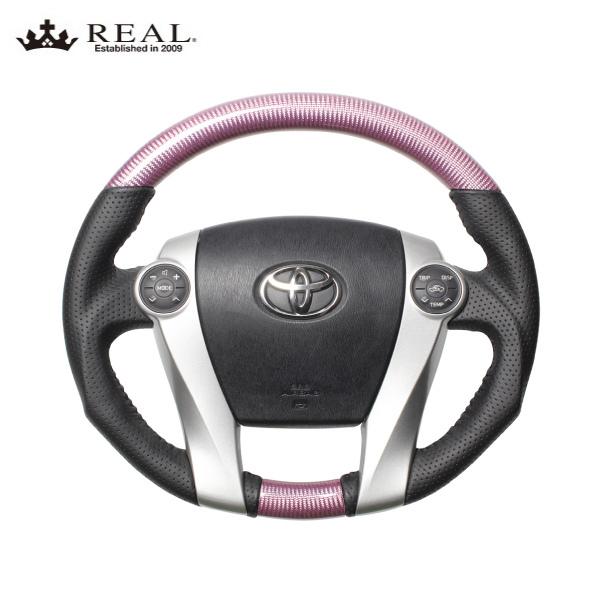 REAL ステアリング プリウス 30系 Gs含む トヨタ オリジナルシリーズ ピンクカーボン ブラックステッチ