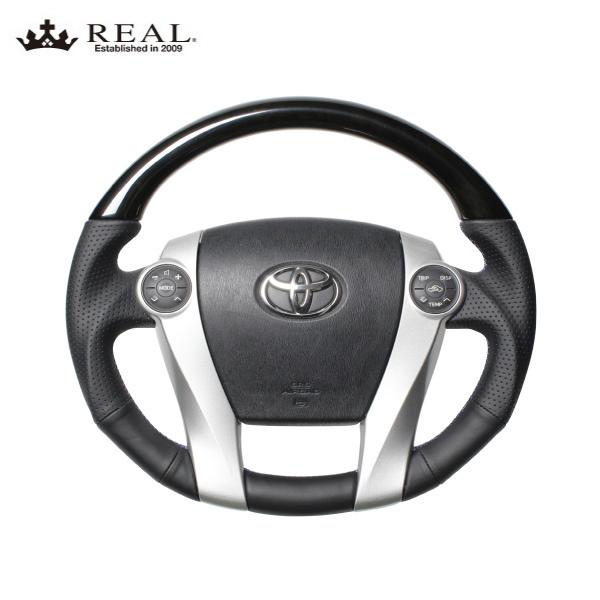 REAL ステアリング アクア 10系 Gs含む※GR SPORT17インチPK除く トヨタ プレミアムシリーズ ブラックウッド ブルー×シルバー ユーロステッチ