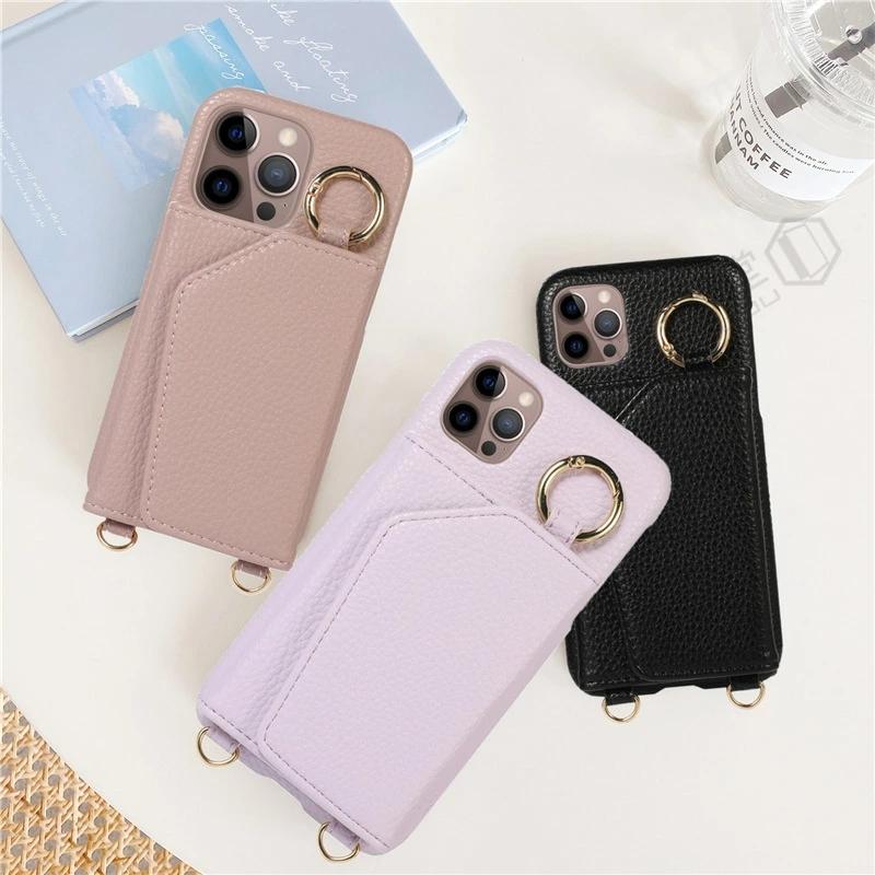 ストラップ付きiphone ケース ミラー付き icカード入れ おしゃれ