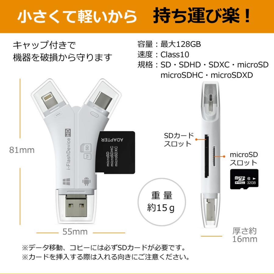 期間限定 micro-SDカード 特典付き スマホ SD カードリーダー USB バックアップ マルチカードリーダー SDカード Lightning Type-C Micro USB｜casemania55｜07