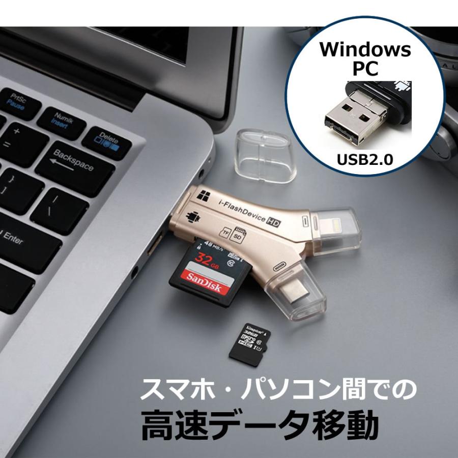 期間限定 micro-SDカード 特典付き スマホ SD カードリーダー USB バックアップ マルチカードリーダー SDカード Lightning Type-C Micro USB｜casemania55｜09