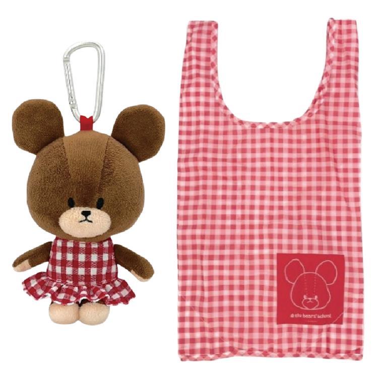 チェック柄エコバッグ クマチャーム付き くまのがっこう ぬいぐるみエコバッグ ギンガムチェック RD 220066