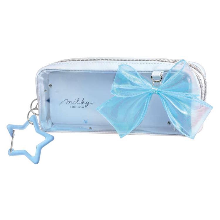 milky blue ツインファスナーペンケース リボン 筆箱 ふでばこ