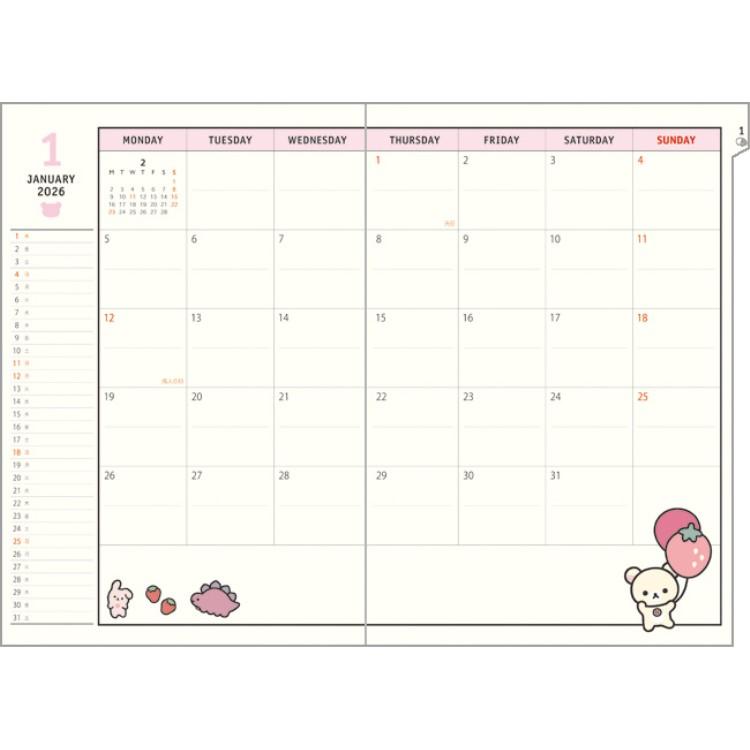 8月下旬]リラックマ 手帳 2026年スケジュール帳 2025年10月始まり・糸