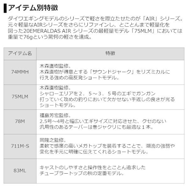 ダイワ エメラルダス AIR AGS 90M (スピニング 2ピース) エギングロッド     商品情報    全長：２．７４ｍ　継数：２　仕舞寸法：１４１ｃｍ　自重：９６ｇ　先径：１．４ｍｍ　元径：１ LWH2272220850(21206円)