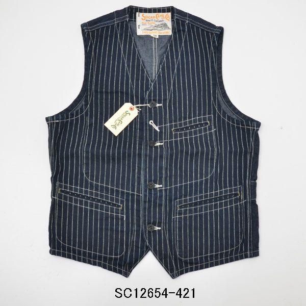 SUGARCANE シュガーケーン SC12654-421  9oz.WABASH STRIPE WORK  VEST ウォバッシュストライプワークベスト ネイビー S(36) M(38) L(40) XL(42)｜casualcojp