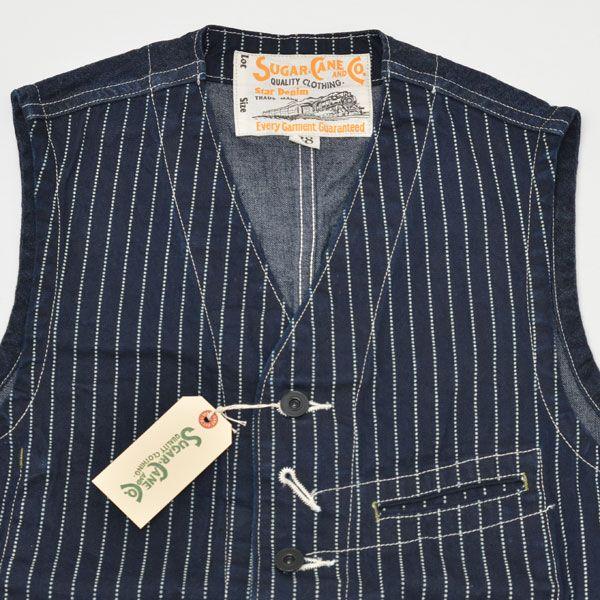 SUGARCANE シュガーケーン SC12654-421  9oz.WABASH STRIPE WORK  VEST ウォバッシュストライプワークベスト ネイビー S(36) M(38) L(40) XL(42)｜casualcojp｜02