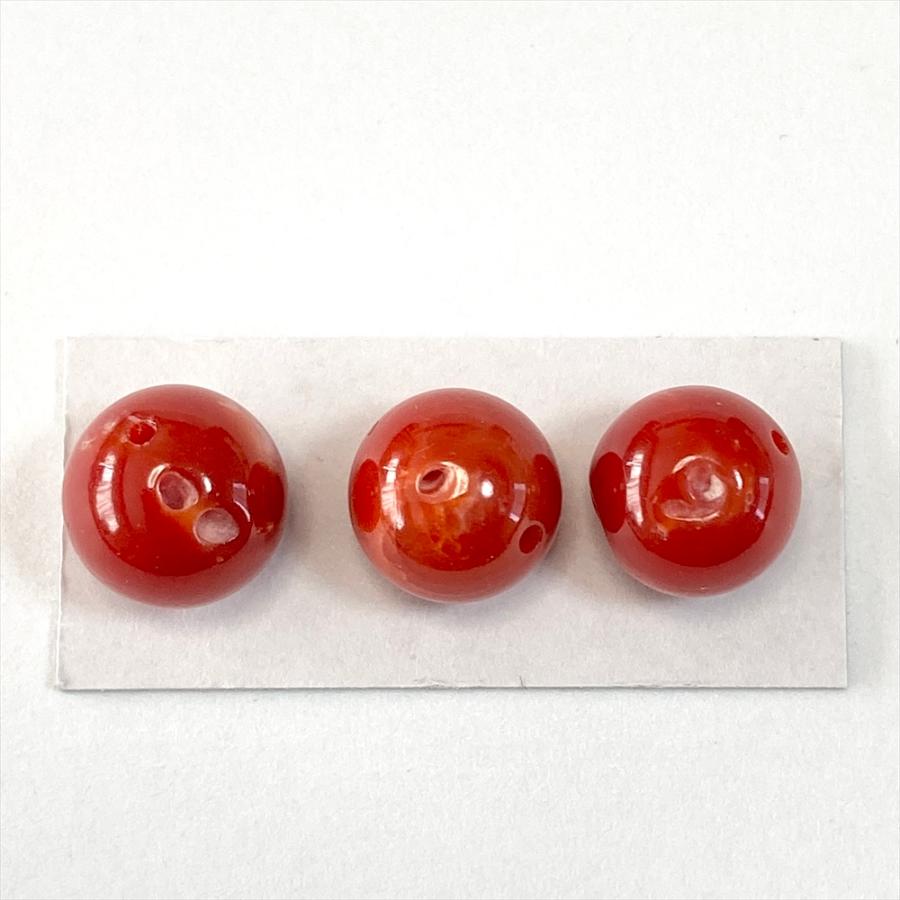 珊瑚 裸石 ルース 血赤珊瑚 7mm＆8mm玉 貫通 3pcセット 高知県産 日本 