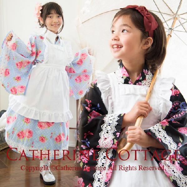 大正ロマン風エプロン付2部式着物ドレス ロング丈５点セット 付け襟 キッズ着物 ブルー ブラック 黒 浴衣 Tak Www Naturabioscience Net