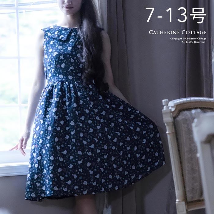 ワンピース レディース 上品ウエストリボンワンピース Charming Day 7 9 11 13 号 S M L シフォン 猫 花柄 紺 ネイビー Tak Pl027 キャサリンコテージ 通販 Yahoo ショッピング