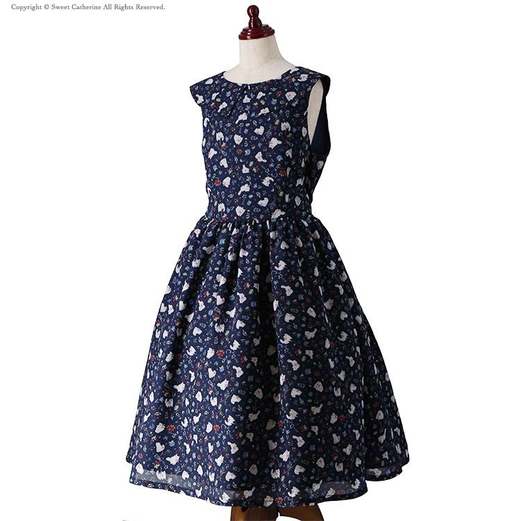 ワンピース レディース 上品ウエストリボンワンピース Charming Day 7 9 11 13 号 S M L シフォン 猫 花柄 紺 ネイビー Tak Pl027 キャサリンコテージ 通販 Yahoo ショッピング