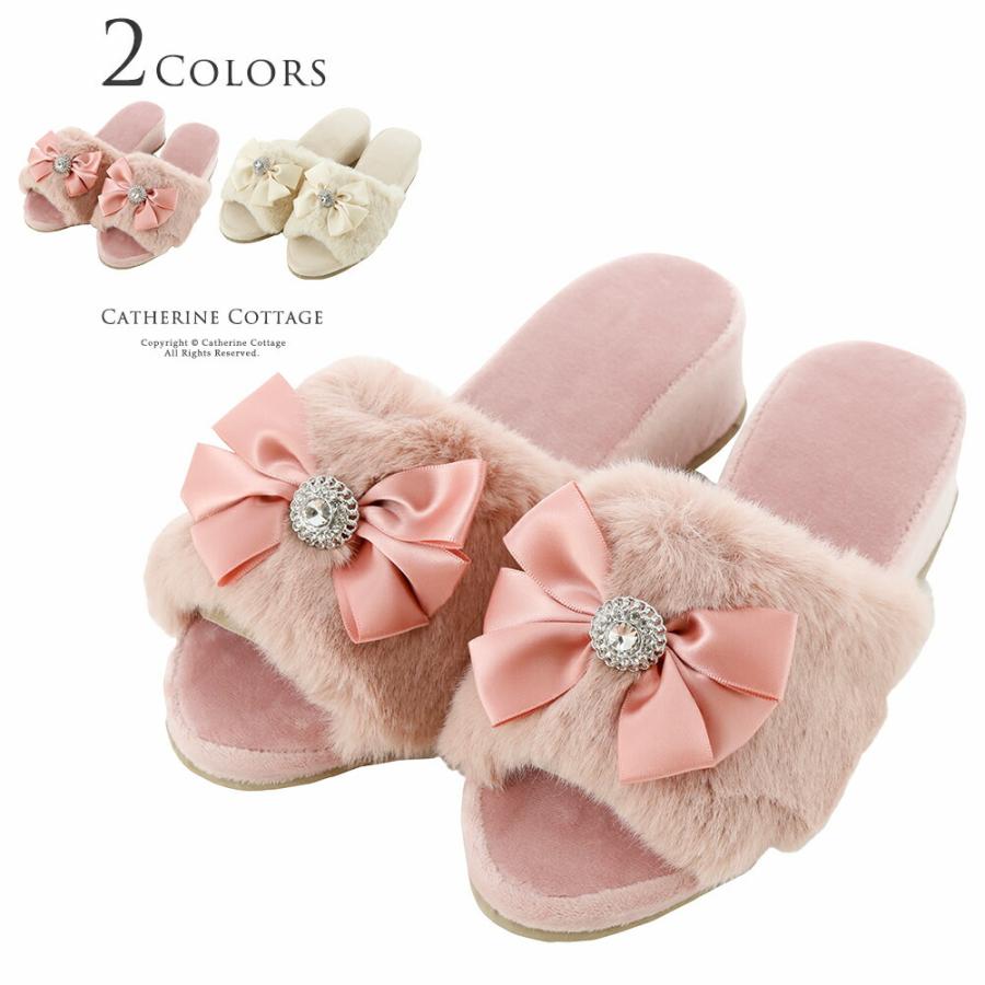 スリッパ ヒール付き リボンとビジューのエコファー姫スリッパ レディース 室内スリッパ フリーサイズ Tak Sh005 キャサリンコテージ 通販 Yahoo ショッピング