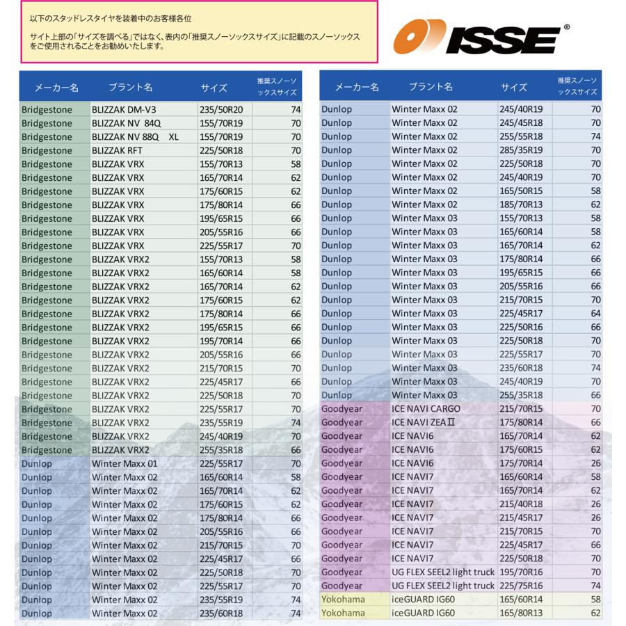 日本正規輸入品イッセ・スノーソックス クラシックモデル サイズ62　布製タイヤチェーン チェーン規制対応品 簡単装着 緊急用 ISSE  175/80R13〜255/30R19｜caucle｜12