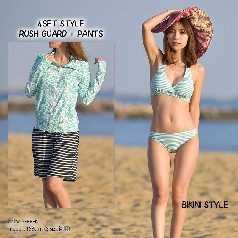 ラッシュガード付きビキニ4点セット ラッシュガード付 ボーダービキニ 紫外線対策 新作 花柄 体型カバー バストアップ効果 ハーフパンツ付 Uv対策 Swim 528 カヴァティーナ レディース通販館 通販 Yahoo ショッピング