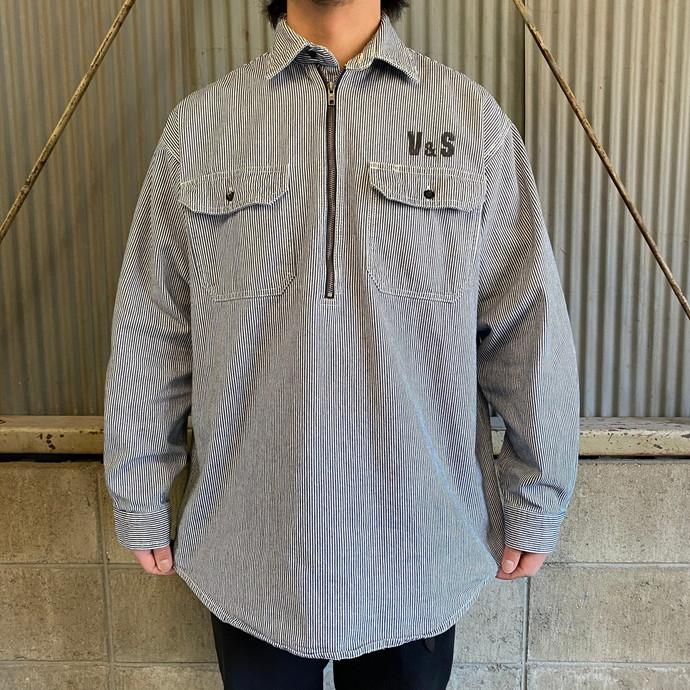 90年代 KEY ヒッコリーストライプ ハーフジップ ワークシャツ メンズL