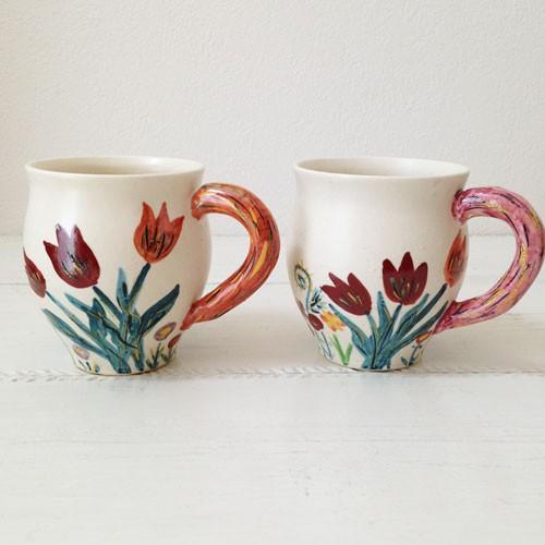 チューリップ 白 マグカップ 野花柄 250cc 廣川みのり 陶器 カップ
