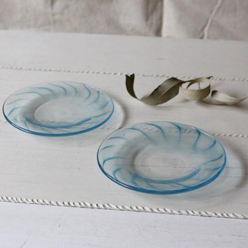 ガラス小皿 丸皿 14cm 青ライン tonari 吹きガラス 手作り ガラス食器