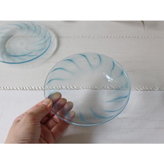 ガラス小皿 丸皿 14cm 青ライン tonari 吹きガラス 手作り ガラス食器