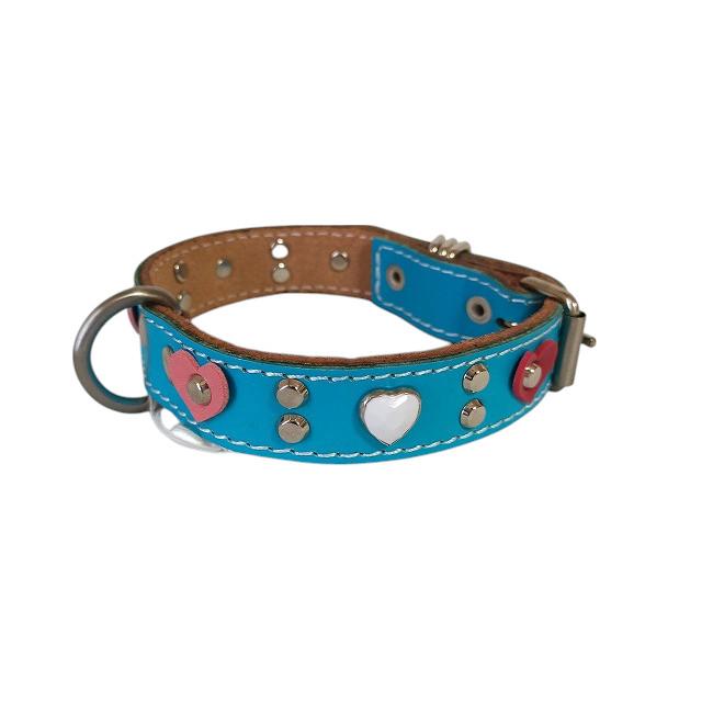 幅広い犬種に人気・M&R Factory（新）ターコイズブルー・革製シロ・ハートスタッズ首輪25002　#首輪　#ボストンテリア　#フレンチブルドッグ |  | 01