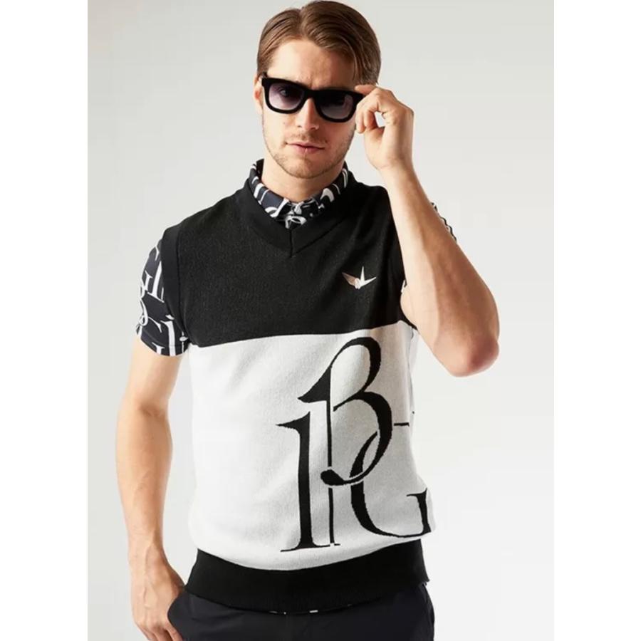 1PIU1UGUALE3 GOLF ロゴニットベスト 3 未使用 3 ブラック×ホワイト