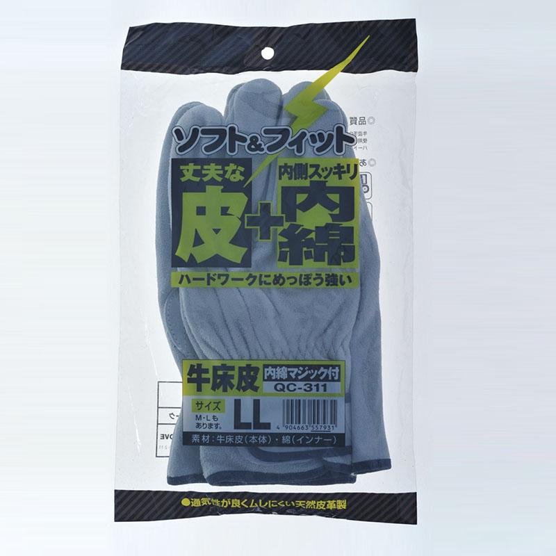 中部物産貿易　プロワーク　牛床皮手袋　QC-311　マジック付き　内綿　インナー　綿　建築　建設　土木　解体　レジャー　アウトドア |  | 01