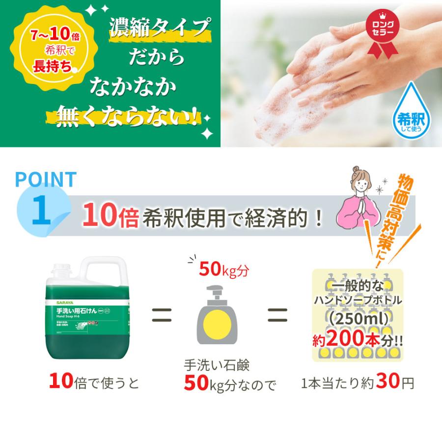 サラヤ SARAYA 手洗い用石けん H-6 濃縮タイプ 希釈倍率7〜10倍 無香料 5kg カップ＆ノズル別売 3本入 23856 | SARAYA | 01