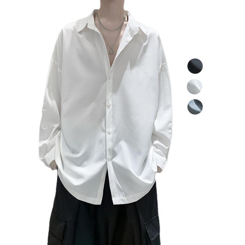 カジュアルシャツ メンズ   ３色 無地 長袖  ブラック ホワイト 冷感 ゆったり レギュラー 通勤 ビジネス ビジネス 学生 大人 春夏　 | 