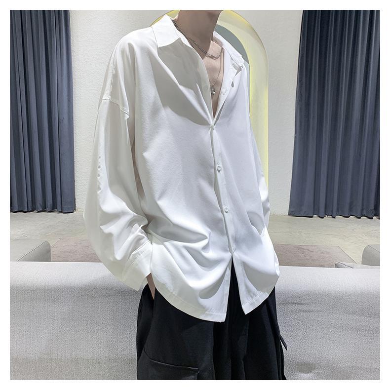 カジュアルシャツ メンズ   ３色 無地 長袖  ブラック ホワイト 冷感 ゆったり レギュラー 通勤 ビジネス ビジネス 学生 大人 春夏　 |  | 07