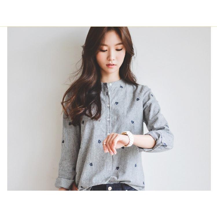 ブラウス シャツ ブラウス レディース オフィス ストライプシャツ リーフ 刺繍 長袖 丸襟 コットン トップス カジュアル 通勤 通学 Ol 春コーデ Wcs 006 Wcs 006 Ccqueen 通販 Yahoo ショッピング