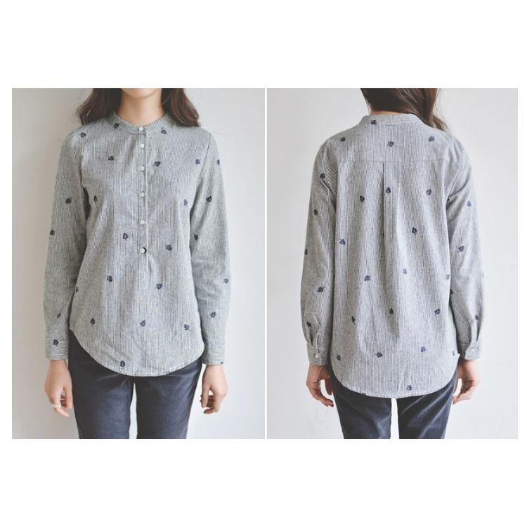 ブラウス シャツ ブラウス レディース オフィス ストライプシャツ リーフ 刺繍 長袖 丸襟 コットン トップス カジュアル 通勤 通学 Ol 春コーデ Wcs 006 Wcs 006 Ccqueen 通販 Yahoo ショッピング