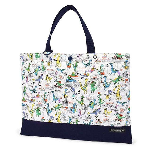 送料無料お手入れ要らず レッスンバッグ キルティング ループ付き 恐竜タウンは大忙し 手さげ