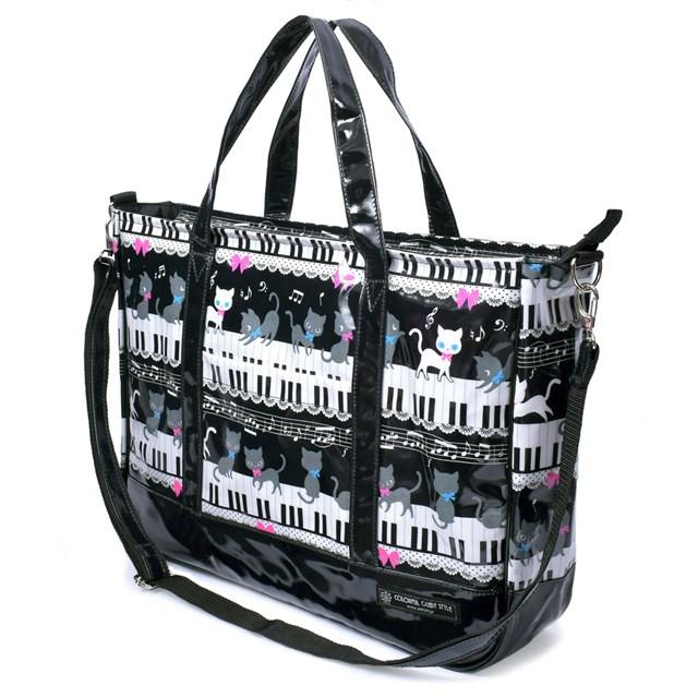 レッスンバッグ マチ付きファスナー ピアノの上で踊る黒猫ワルツ ブラック 大きめ 手さげ