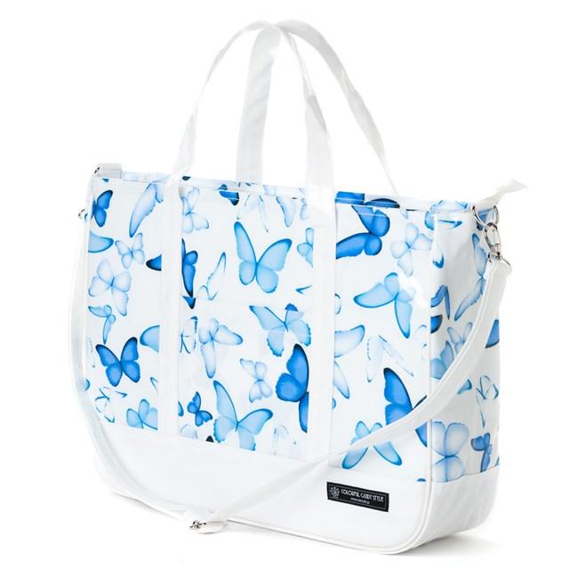 レッスンバッグ マチ付きファスナー ブルーバタフライ 大きめ 手さげバッグ 2way 通学 入園 子供 おけいこ Pn