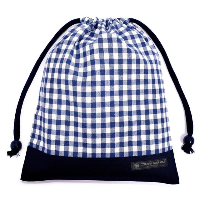 巾着 中 マチ無し給食袋 ネームタグ付き チェック大・紺 給食袋 小学校 巾着袋 おしゃれ コップ袋 子供 小学生 ゆうパケット配送 の商品画像