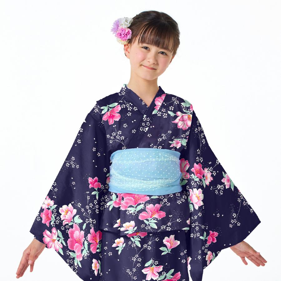浴衣セット スイートピー・紺 ゆかた 浴衣ドレス 綿100% 子供 夏 浴衣セット スイートピー・紺 ゆかた 浴衣ドレス 綿100% 子供 夏