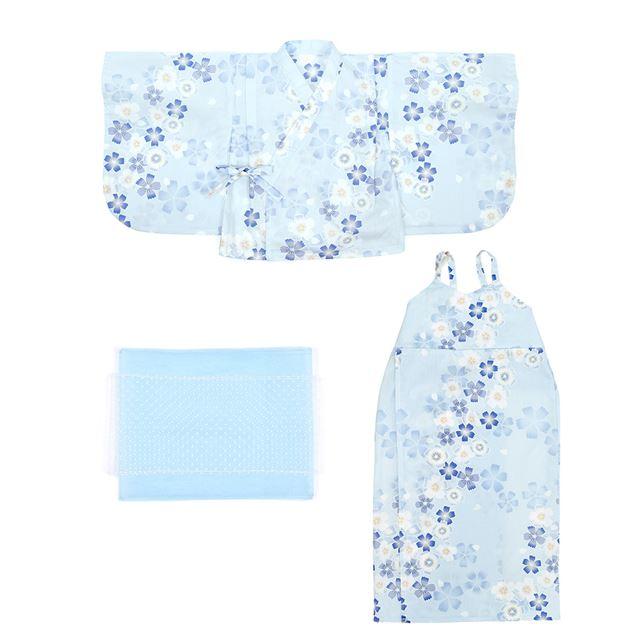 浴衣セット 桜・水色 ゆかた 浴衣ドレス 綿100% 子供 夏祭り