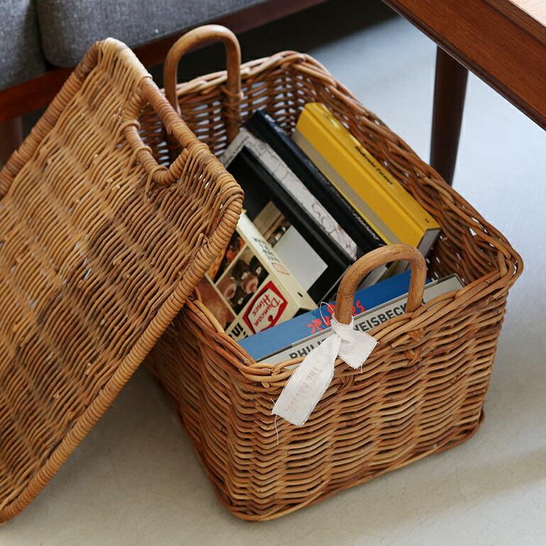 ラタン　持ち手つき　バスケット　収納　アンティーク　古道具 取手付き ラタンバスケット 収納ボックス 収納ケース ラタン