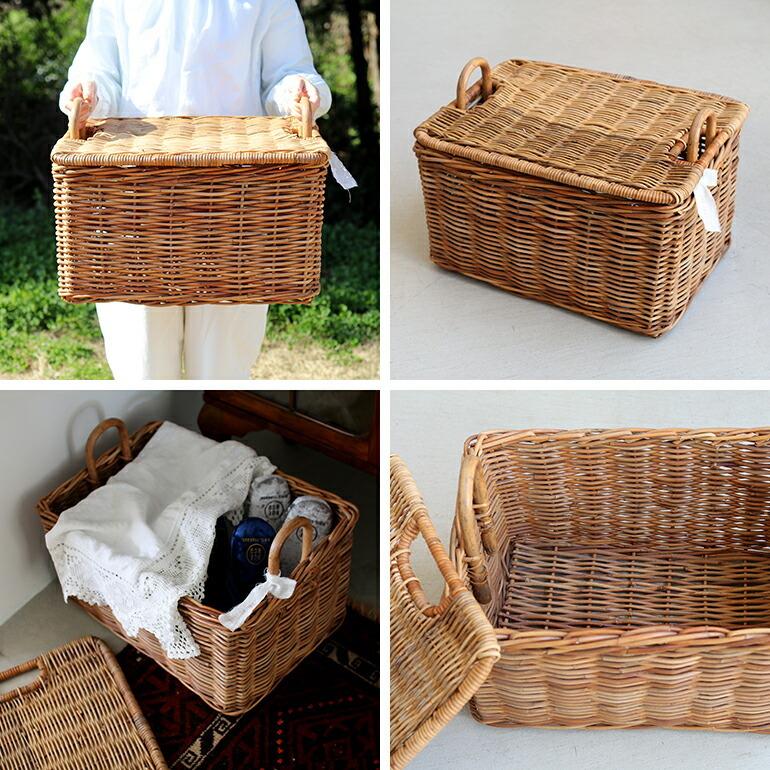 籐製 アンティーク ハンドル付きバスケット 【公式通販】
