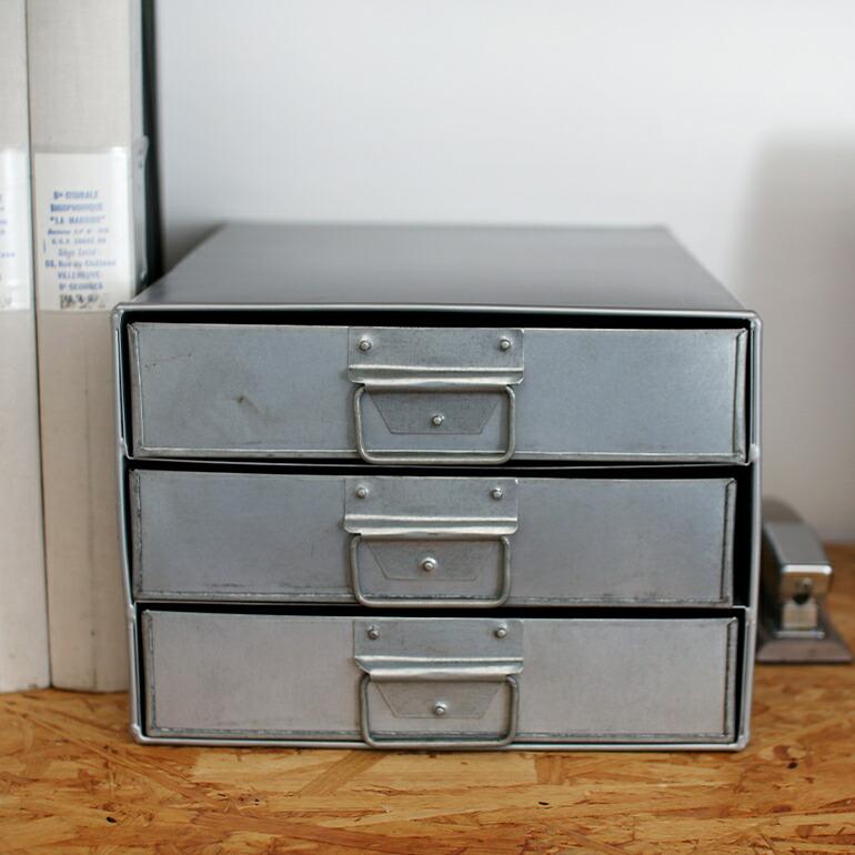 引出3段収納BOX 引き出しボックス ブリキ製 A4サイズ 整理収納